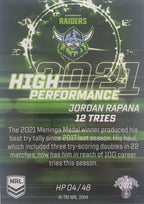 2022 TLA NRL Trading Cards insert series High Performance of Canberra Raiders player Jordan Rapana. Card 04/48.