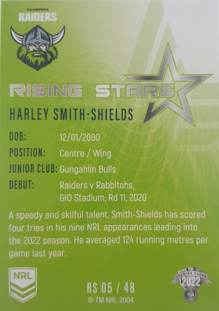 2022 TLA NRL Traders Trading card insert series Rising Stars of Canberra Raiders player Harley Smith-Shields card 05/48.
