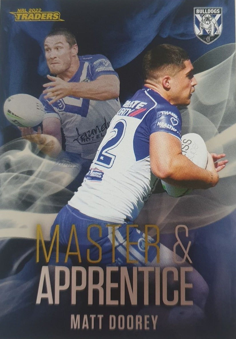 2022 TLA NRL Traders insert series Master & Apprentice of Canterbury Bankstown Bulldogs player Matt Doorey. Card 06/32.