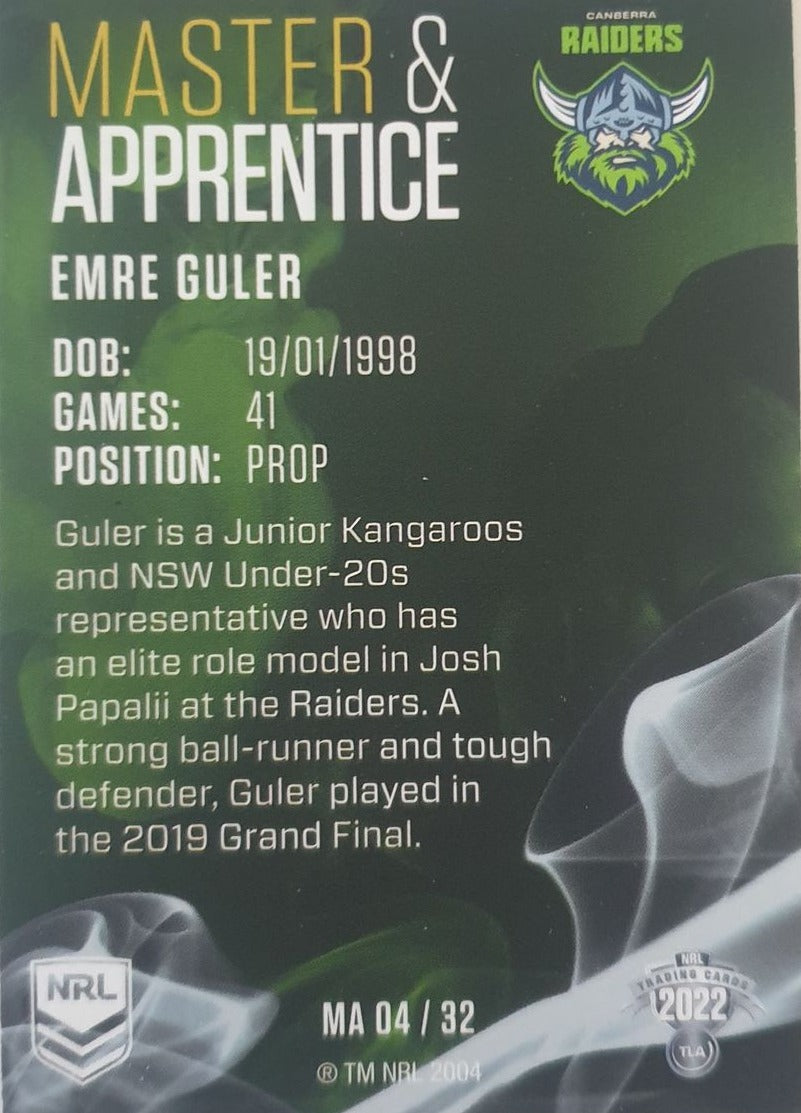 2022 TLA NRL Traders insert series Master & Apprentice of Canberra Raiders player Emre Guler. Card 04/32.