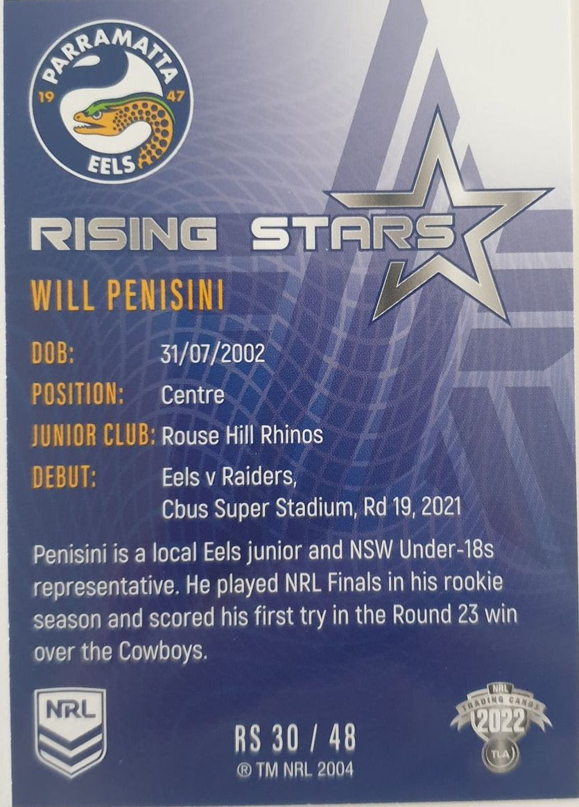 2022 TLA NRL Traders Trading card insert series Rising Stars of Parramatta Eels player Will Penisini card 30/48.