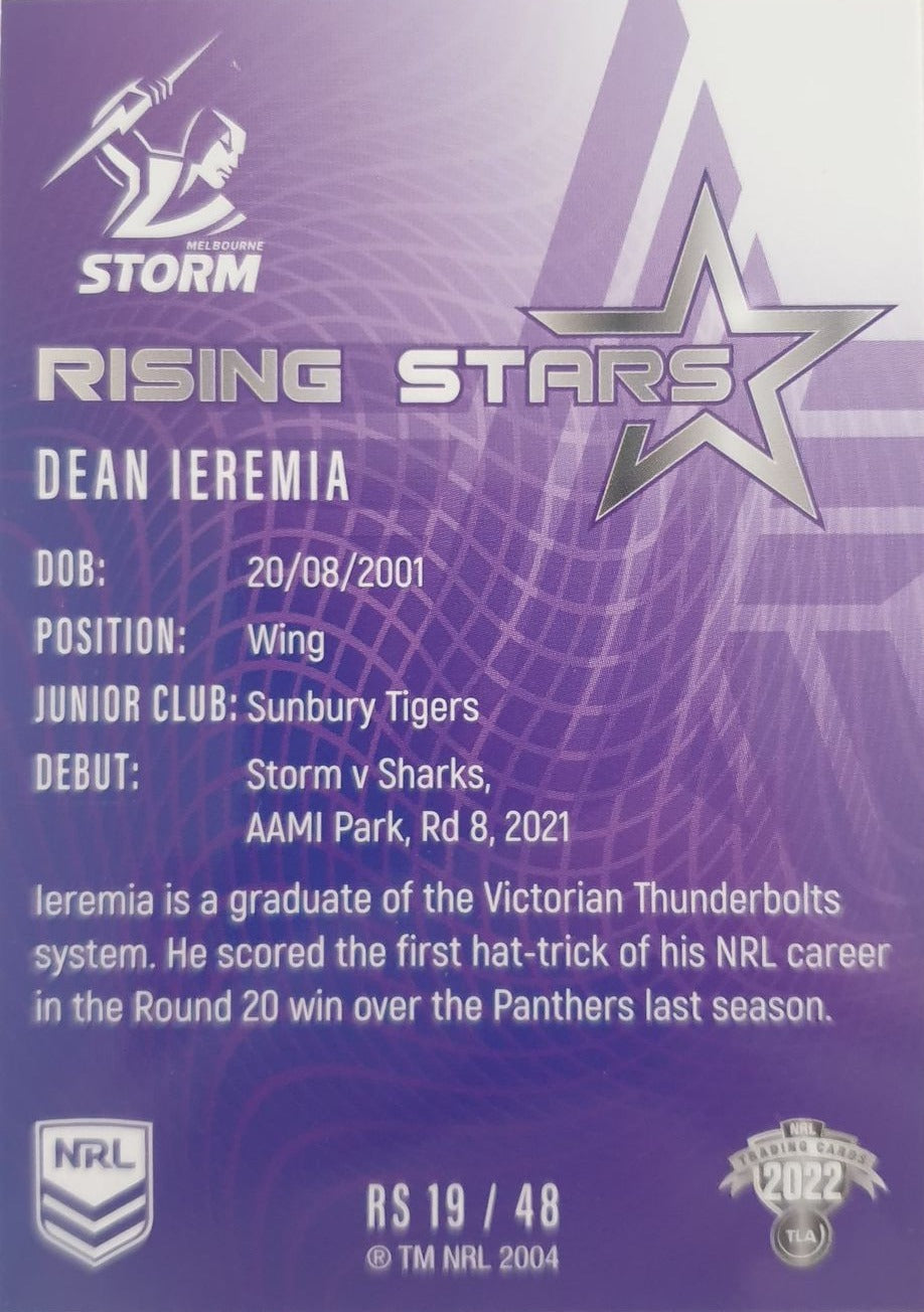 2022 TLA NRL Traders Trading card insert series Rising Stars of Melbourne Storm player Dean Ieremia card 19/48.