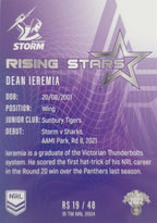 2022 TLA NRL Traders Trading card insert series Rising Stars of Melbourne Storm player Dean Ieremia card 19/48.