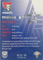 2022 TLA NRL Traders Trading card insert series Rising Stars of Newcastle Knights player Matt Croker card 22/48.