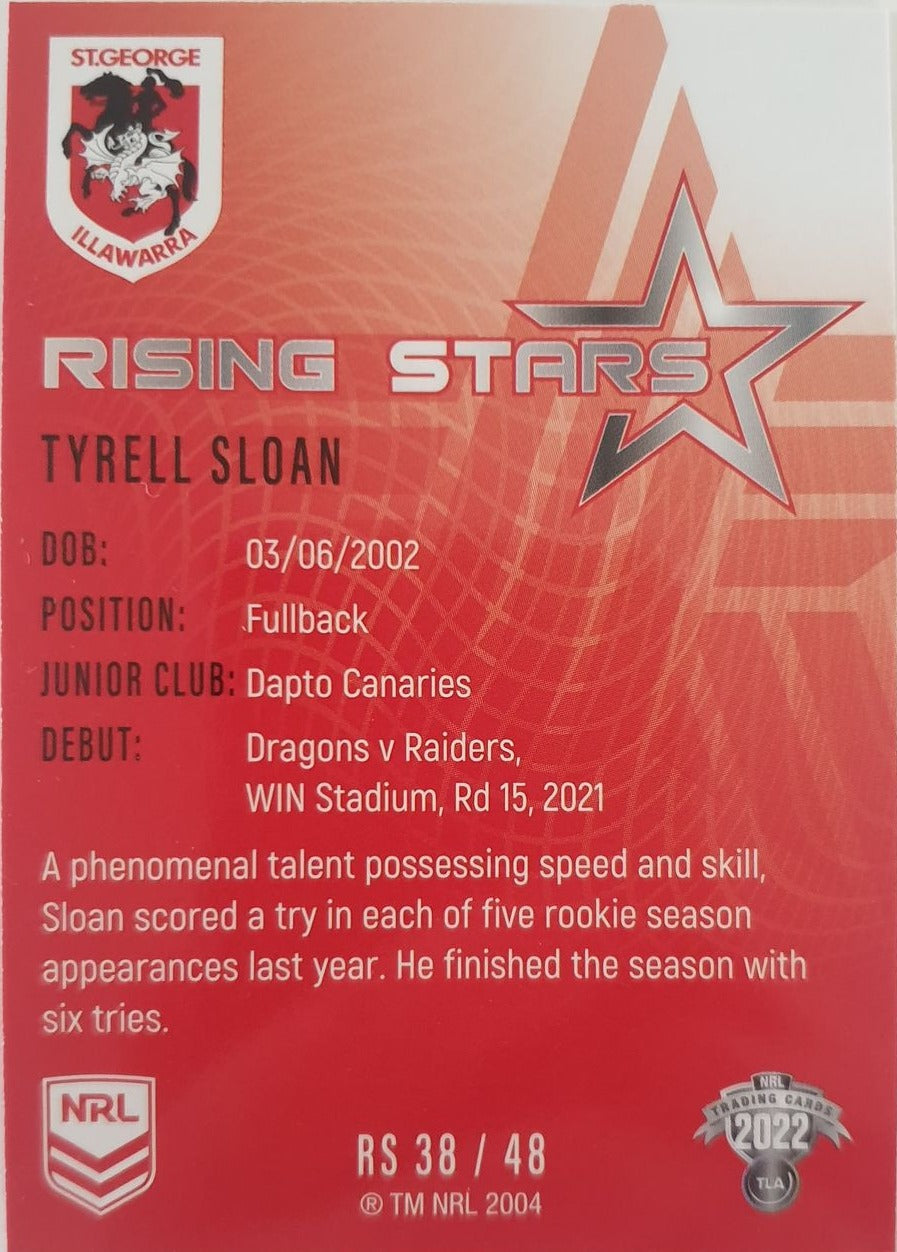 2022 TLA NRL Traders Trading card insert series Rising Stars of St George Illawarra Dragons player Tyrell Sloan card 38/48.