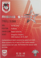 2022 TLA NRL Traders Trading card insert series Rising Stars of St George Illawarra Dragons player Tyrell Sloan card 38/48.