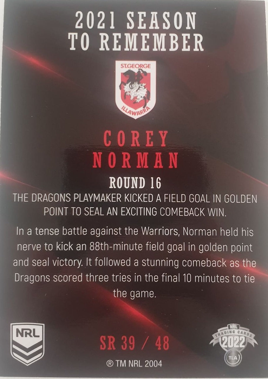 2022 TLA NRL Traders Trading card insert series 2021 Season to Remember of St George Illawarra Dragons player Corey Norman card 39/48.