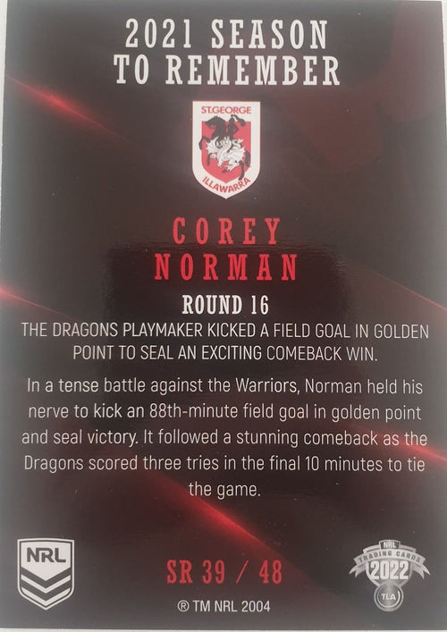 2022 TLA NRL Traders Trading card insert series 2021 Season to Remember of St George Illawarra Dragons player Corey Norman card 39/48.