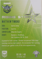 2022 TLA NRL Traders Trading card insert series Rising Stars of Canberra Raiders player Matthew Timoko card 06/48.