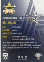2022 TLA NRL Traders Trading card insert series Rising Stars of North Queensland Cowboys player Daejarn Asi card 25/48.