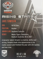 2022 TLA NRL Traders Trading card insert series Rising Stars of Wests Tigers player Jake Simpkin card 48/48