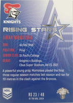 2022 TLA NRL Traders Trading card insert series Rising Stars of Newcastle Knights player Jirah Momoisea card 23/48.