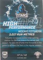 2022 TLA NRL Trading Cards insert series High Performance of Gold Coast Titans player Moeaki Fotuaika. Card 14/48.