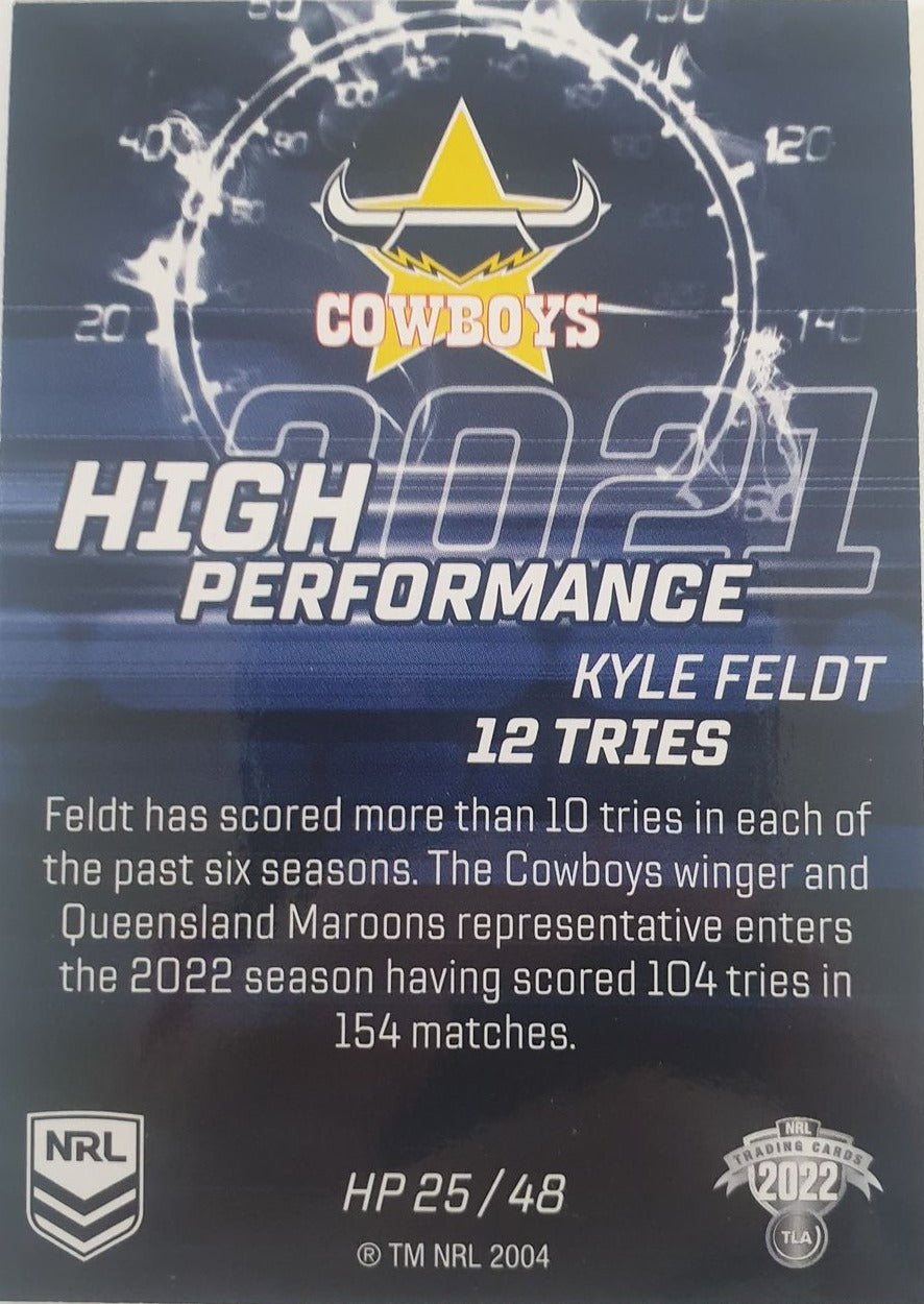 2022 TLA NRL Trading Cards insert series High Performance of North Queensland Cowboys player Kyle Feldt. Card 25/48.
