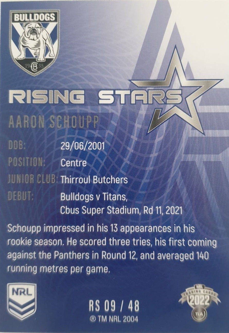 2022 TLA NRL Traders Trading card insert series Rising Stars of Canterbury Bankstown Bulldogs player Aaron Schoupp card 09/48.
