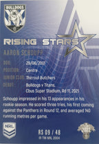2022 TLA NRL Traders Trading card insert series Rising Stars of Canterbury Bankstown Bulldogs player Aaron Schoupp card 09/48.