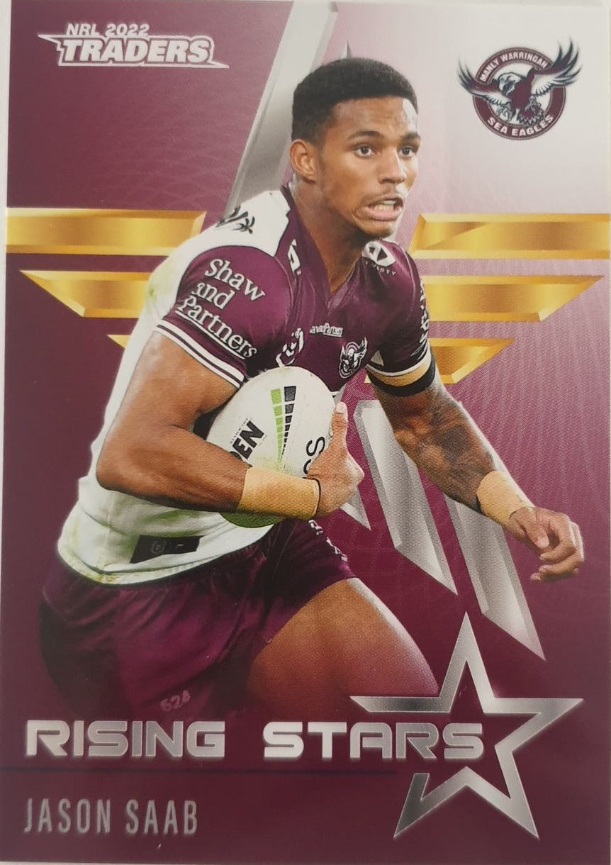 2022 TLA NRL Traders Trading card insert series Rising Stars of Manly Warringah Sea-Eagles player Jason Saab card 16/48.