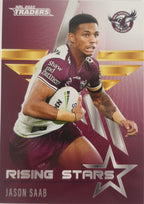 2022 TLA NRL Traders Trading card insert series Rising Stars of Manly Warringah Sea-Eagles player Jason Saab card 16/48.