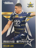 2022 TLA NRL Traders Trading card insert series Rising Stars of North Queensland Cowboys player Heilum Luki card 26/48.