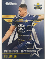 2022 TLA NRL Traders Trading card insert series Rising Stars of North Queensland Cowboys player Heilum Luki card 26/48.