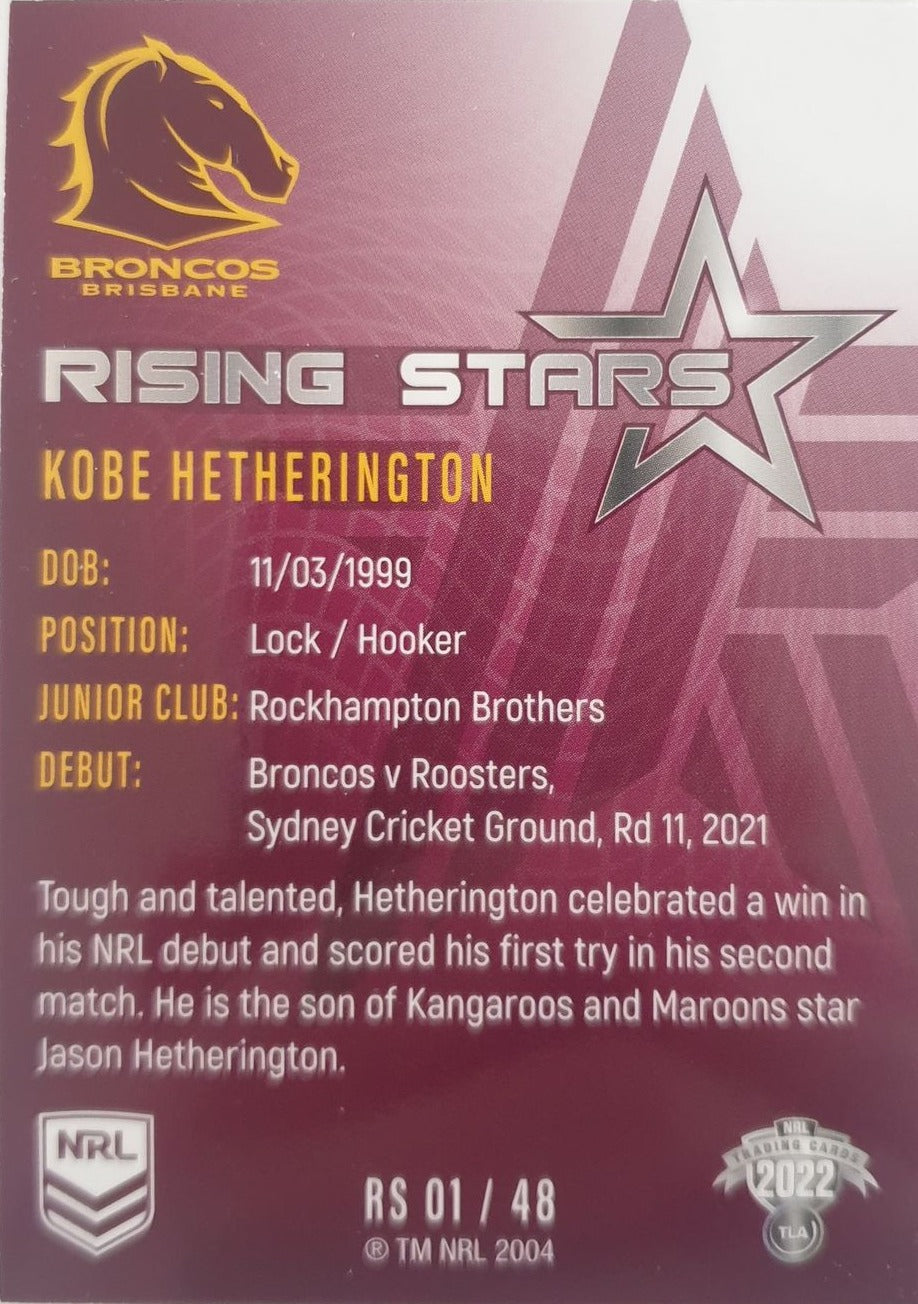 2022 TLA NRL Traders Trading card insert series Rising Stars of Brisbane Broncos player Kobe Hetherington card 01/48.