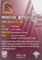 2022 TLA NRL Traders Trading card insert series Rising Stars of Brisbane Broncos player Kobe Hetherington card 01/48.
