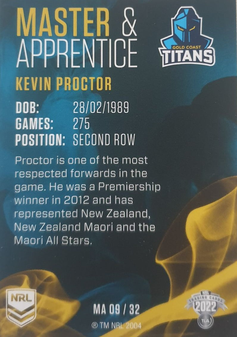 2022 TLA NRL Traders insert series Master & Apprentice of Gold Coast Titans player Kevin Proctor. Card 09/32.