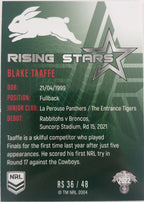 2022 TLA NRL Traders Trading card insert series Rising Stars of South Sydney Rabbitohs player Blake Taaffe card 36/48.