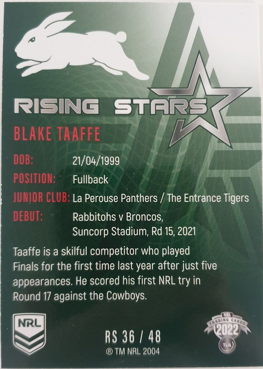 2022 TLA NRL Traders Trading card insert series Rising Stars of South Sydney Rabbitohs player Blake Taaffe card 36/48.