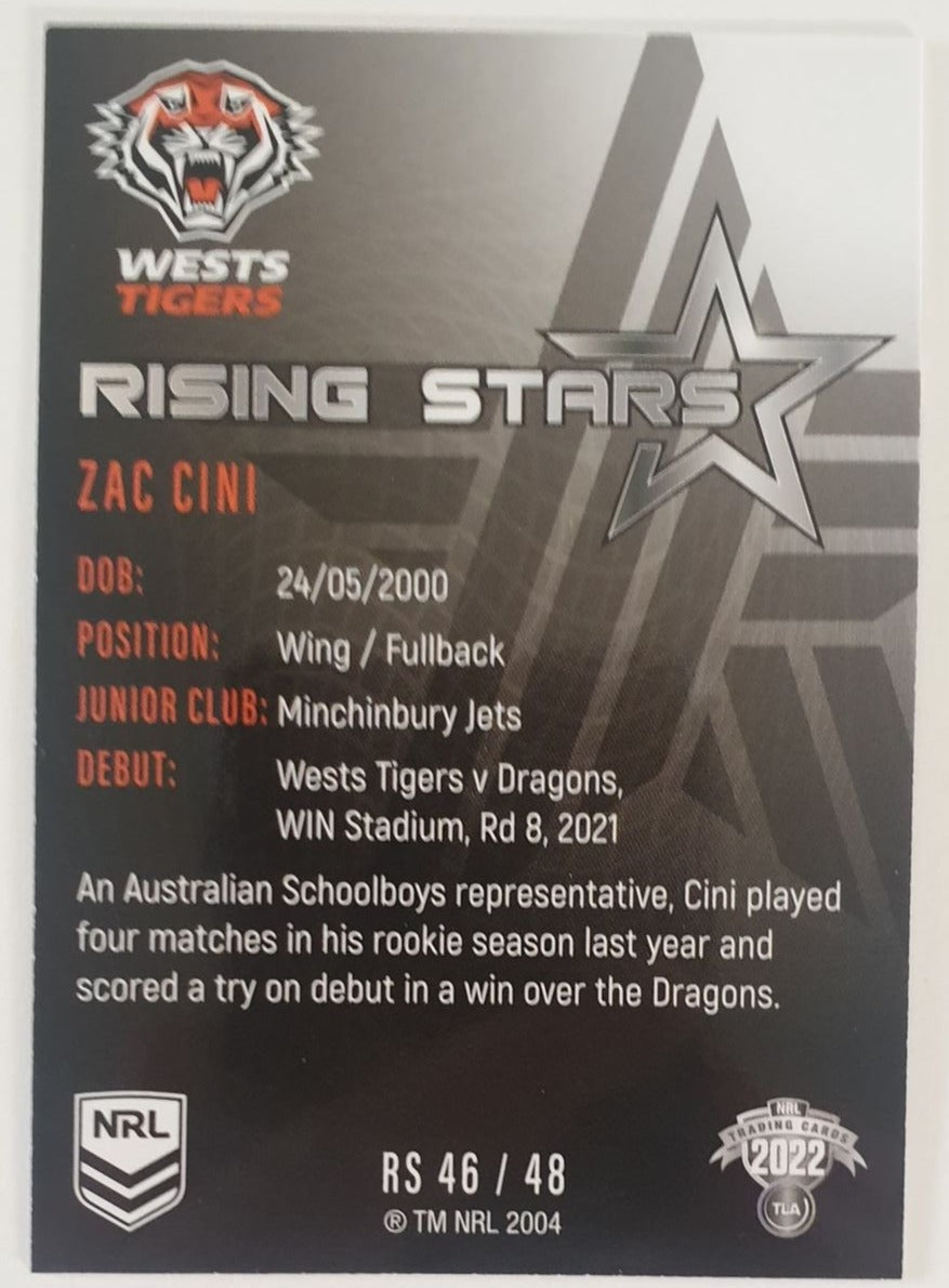 2022 TLA NRL Traders Trading card insert series Rising Stars of Wests Tigers player Zac Cini card 46/48