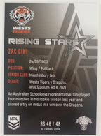 2022 TLA NRL Traders Trading card insert series Rising Stars of Wests Tigers player Zac Cini card 46/48