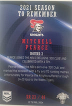 2022 TLA NRL Traders Trading card insert series 2021 Season to Remember of Newcastle Knights player Mitchell Pearce card 23/48.