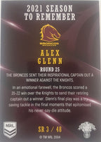 2022 TLA NRL Traders Trading card insert series 2021 Season to Remember of Brisbane Broncos player Alex Glenn card 03/48.