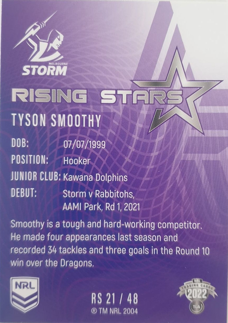 2022 TLA NRL Traders Trading card insert series Rising Stars of Melbourne Storm player Tyson Smoothy card 21/48.