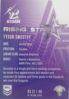 2022 TLA NRL Traders Trading card insert series Rising Stars of Melbourne Storm player Tyson Smoothy card 21/48.