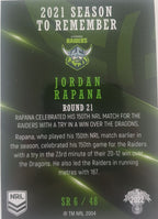 2022 TLA NRL Traders Trading card insert series 2021 Season to Remember of Canberra Raiders player Jordan Rapana card 06/48.