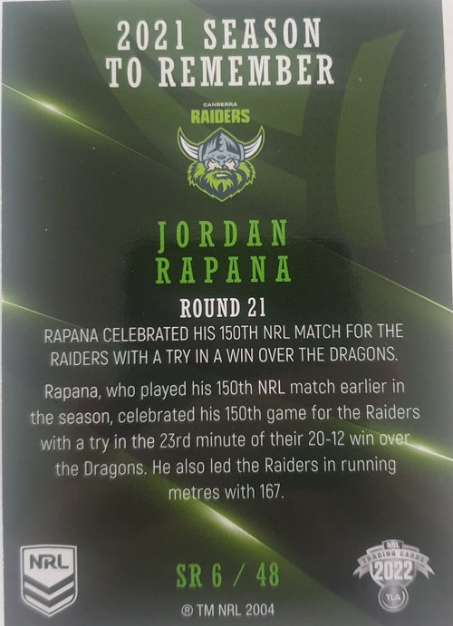 2022 TLA NRL Traders Trading card insert series 2021 Season to Remember of Canberra Raiders player Jordan Rapana card 06/48.