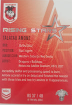 2022 TLA NRL Traders Trading card insert series Rising Stars of St George Illawarra Dragons player Talatau Amone card 37/48.