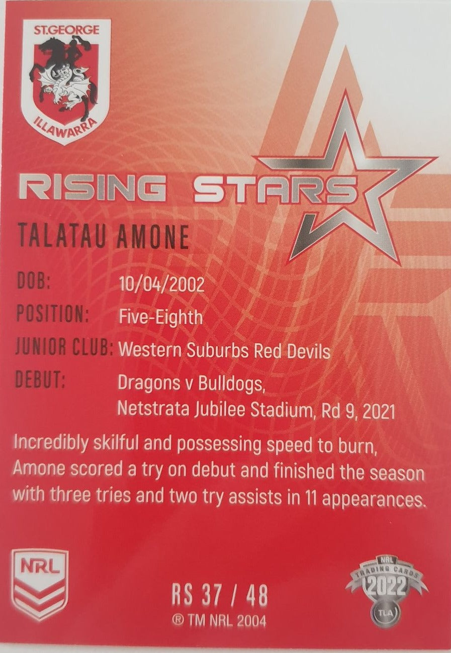 2022 TLA NRL Traders Trading card insert series Rising Stars of St George Illawarra Dragons player Talatau Amone card 37/48.
