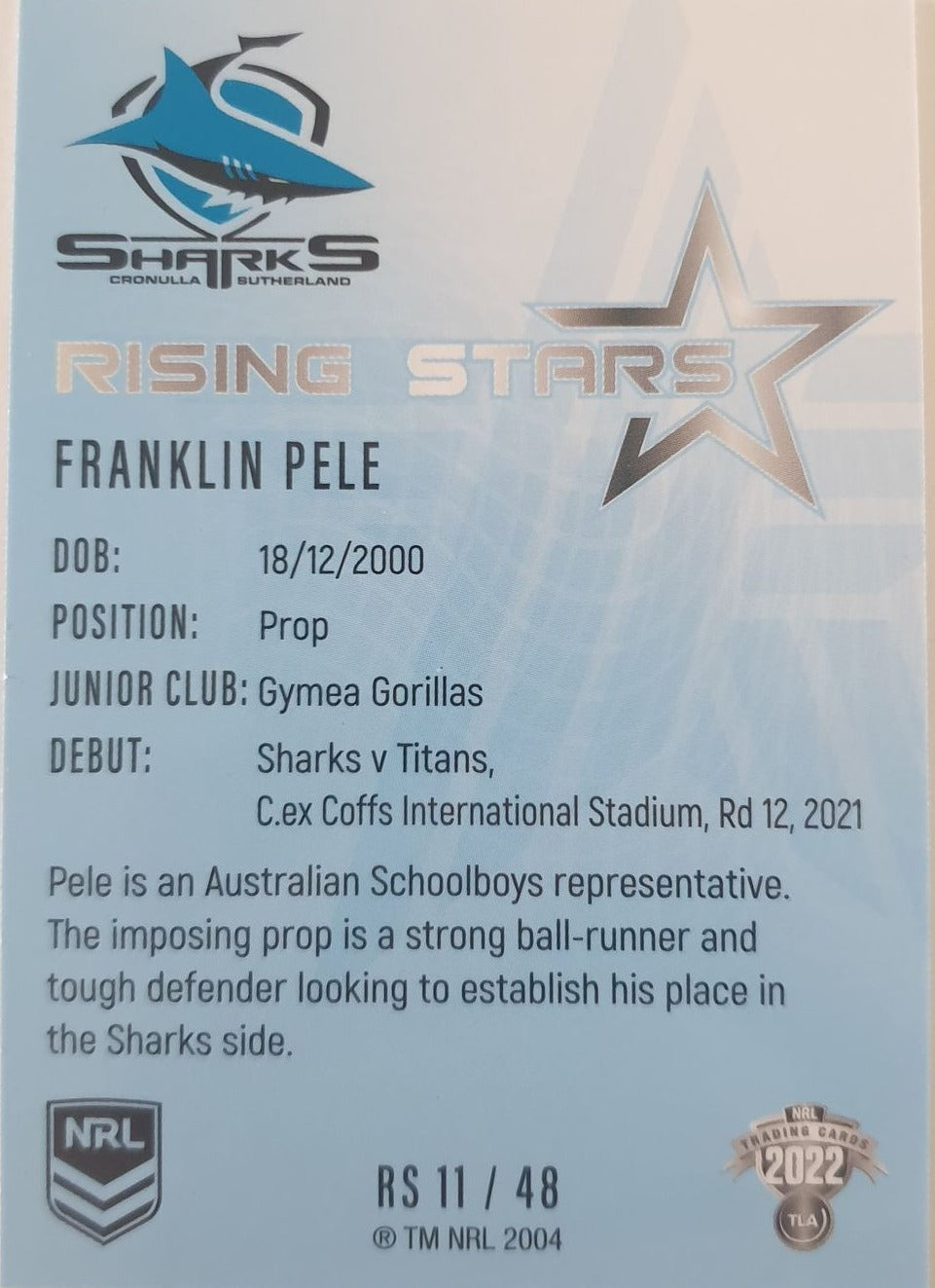 2022 TLA NRL Traders Trading card insert series Rising Stars of Cronulla Sharks player Franklin Pele card 11/48.