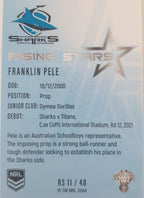 2022 TLA NRL Traders Trading card insert series Rising Stars of Cronulla Sharks player Franklin Pele card 11/48.