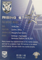 2022 TLA NRL Traders Trading card insert series Rising Stars of Canterbury Bankstown Bulldogs player Falakiko Manu card 08/48.