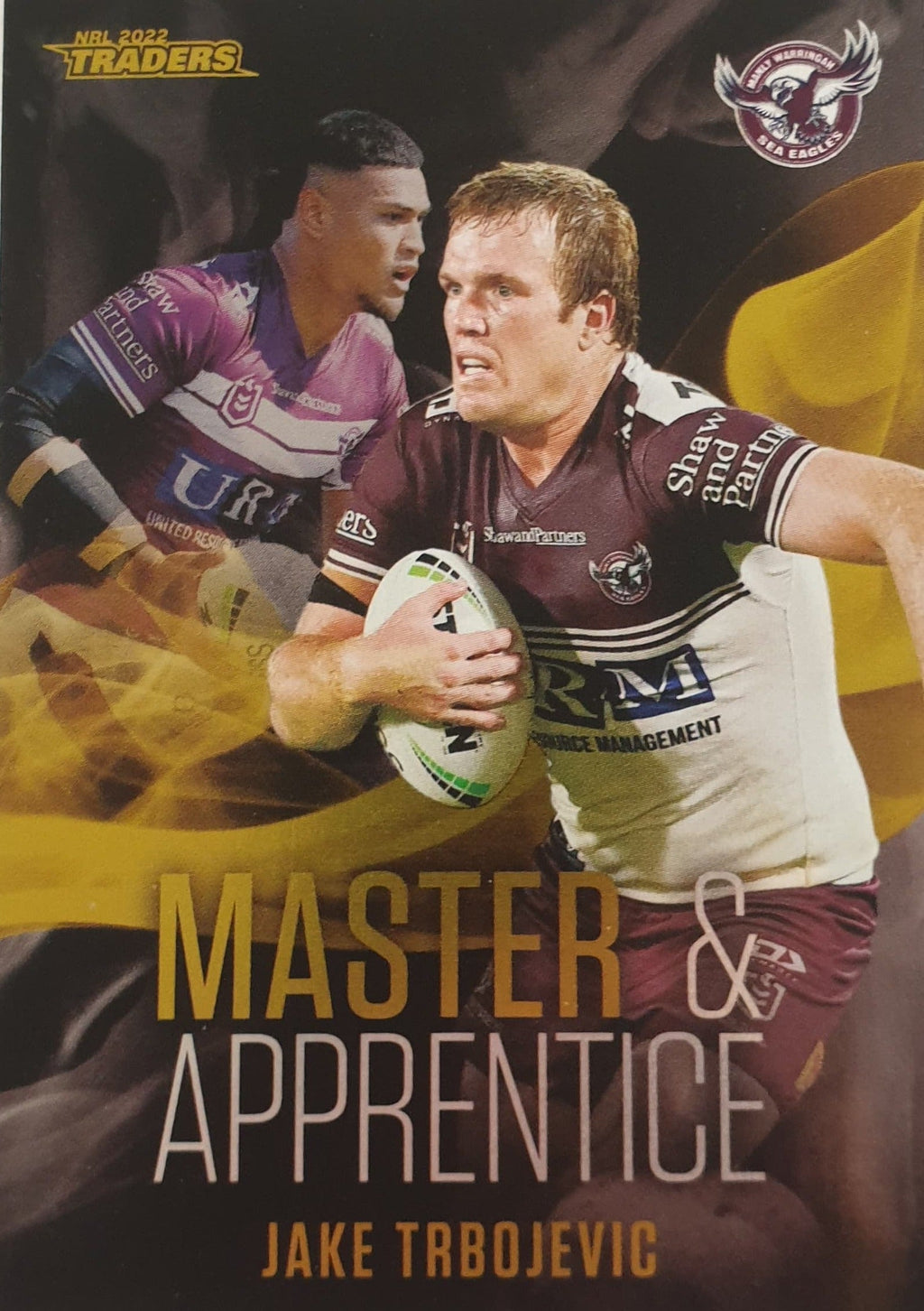 2022 TLA NRL Traders insert series Master & Apprentice Black of Manly Warringah Sea-Eagles player Jake Trbojevic. Card 11/32.