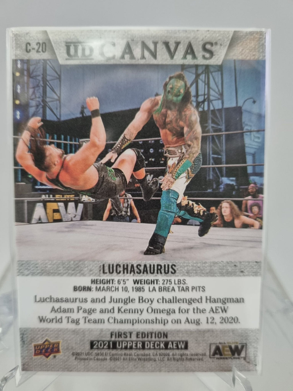 AEW Upper Deck 2021 trading card insert series Canvas featuring Luchasaurus.