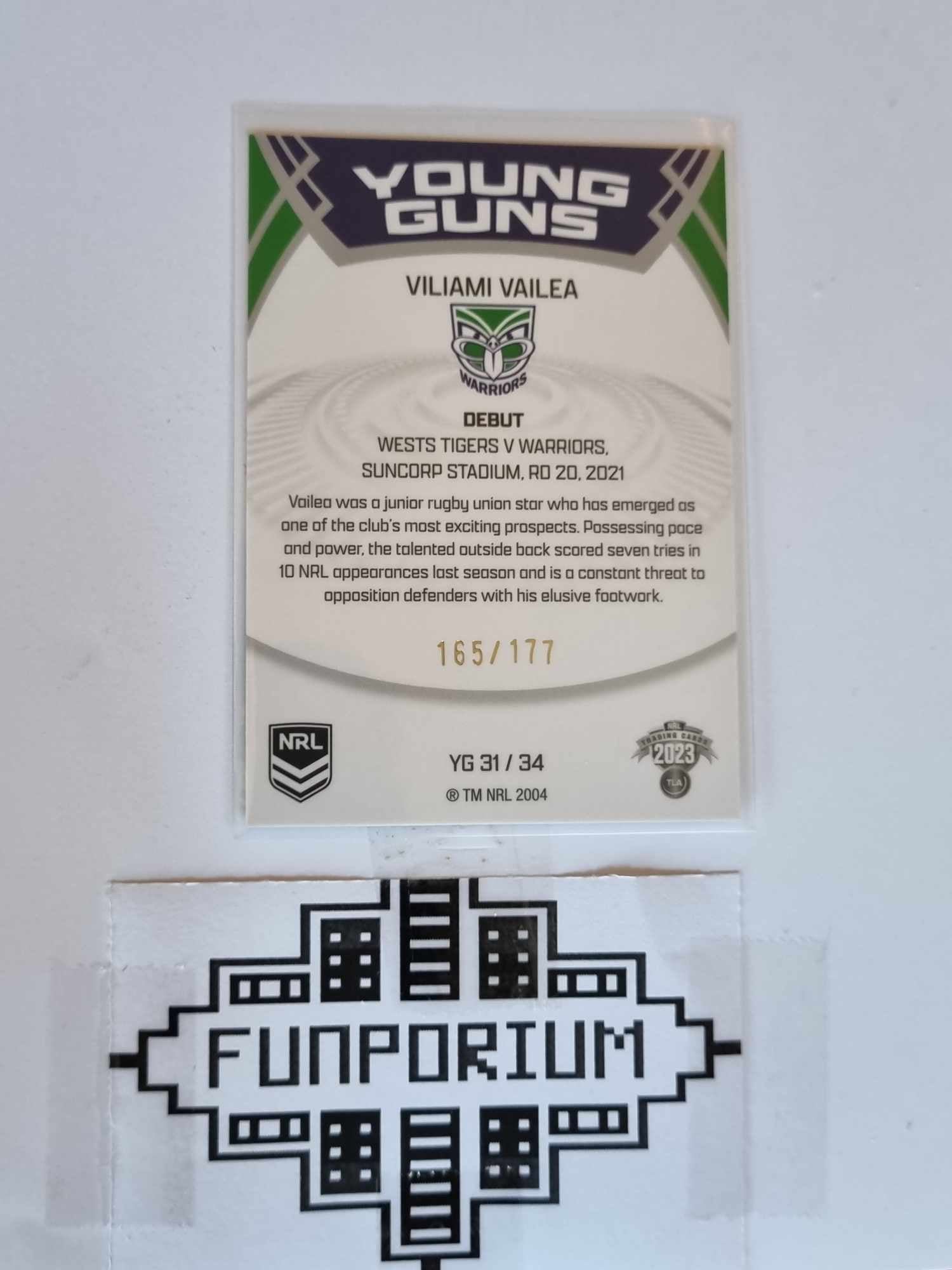 2023 Elite NRL -Young Guns White-#YG31-165/177-Viliami Vailea-Warriors