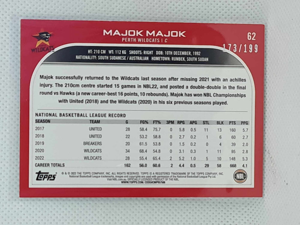 2022-23 Topps NBL - Aqua Parallel - #62 - Majok Majok - 173/199 Wildcats
