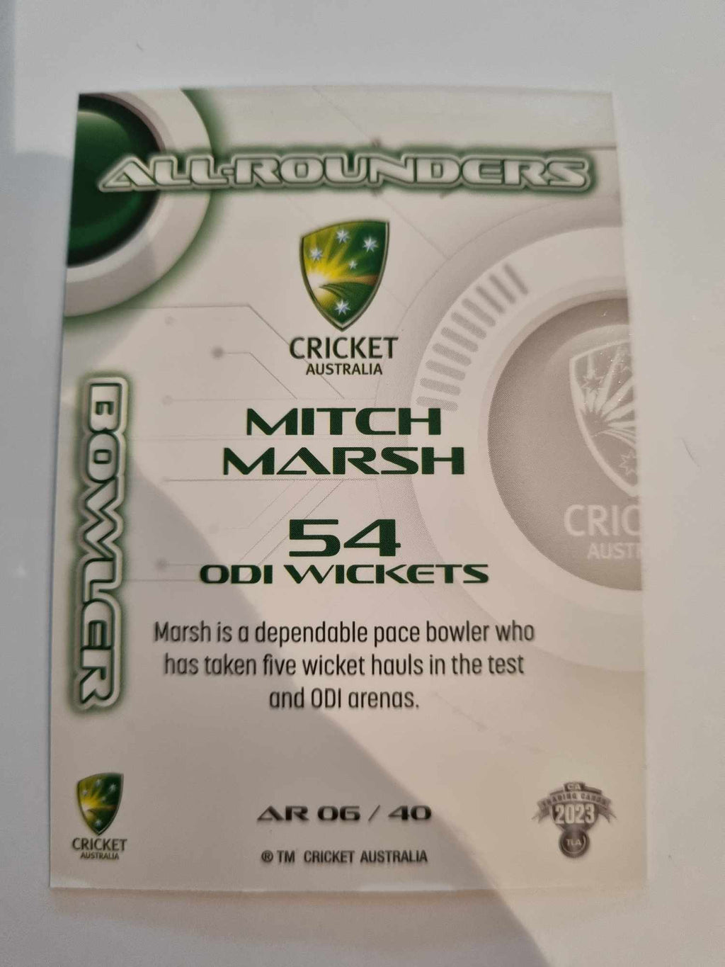 2023 Cricket Australia trading cards. All-Rounders insert series featuring Mitch Marsh of Australia.