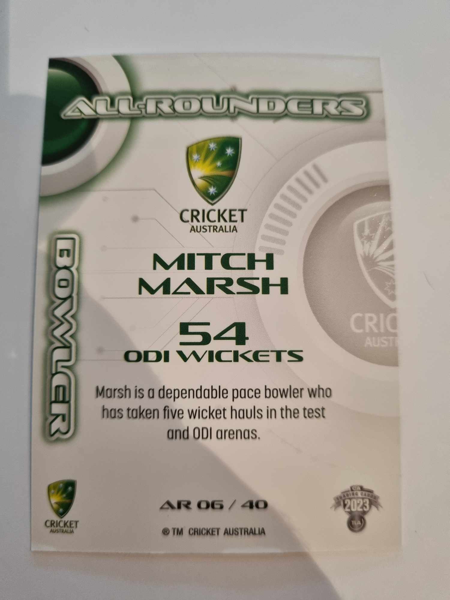 2023 Cricket Australia trading cards. All-Rounders insert series featuring Mitch Marsh of Australia.