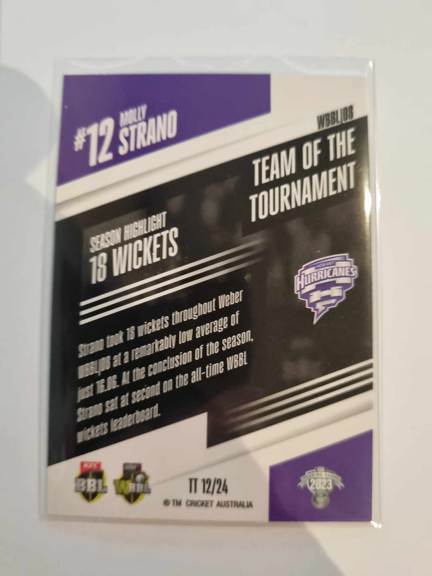 2023 Cricket Australia trading cards. 22/23 Team of the Tournament featuring Molly Strano of the Hurricanes.