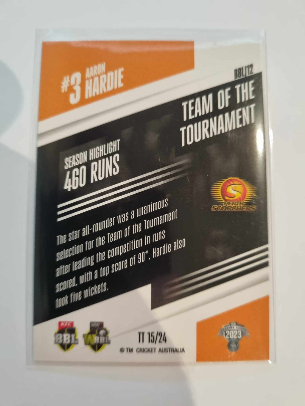 2023 Cricket Australia trading cards insert series 22/23 Team of the Tournament featuring Aaron Hardie of the Scorchers.